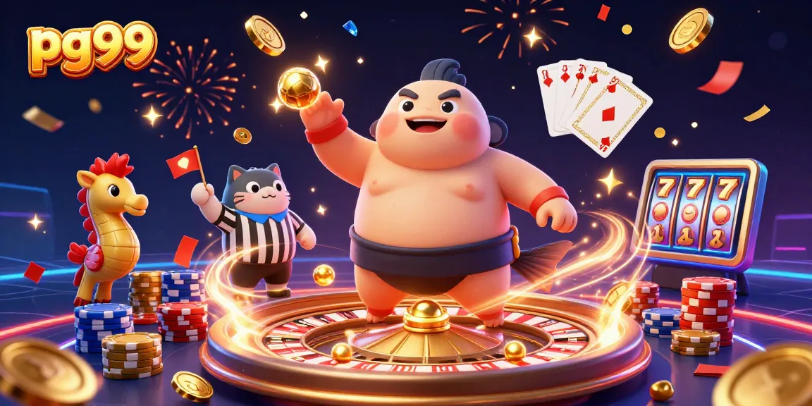Join the fun at pg99 with a vibrant scene depicting underwater casino action featuring a fugu wearing a sumo belt.