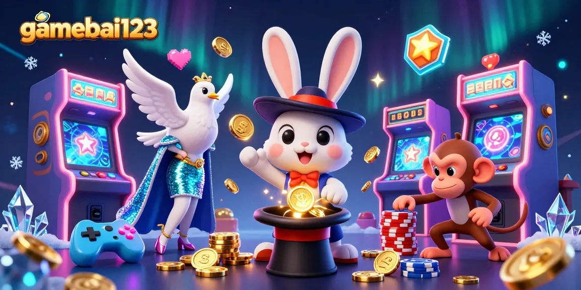 gamebai123 excitement in a vibrant casino scene with magician, dove, and monkey among gaming elements