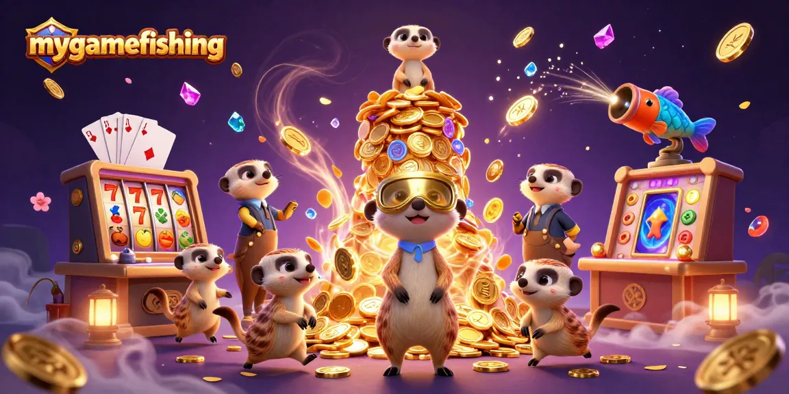 Experience gaming excitement with mygamefishing featuring cartoon meerkats in vibrant casino action.