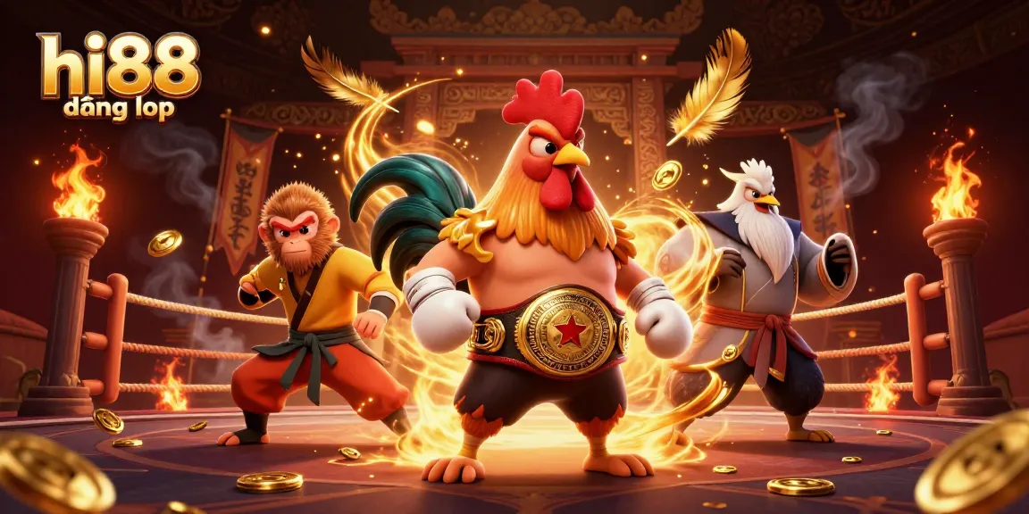 Engage with Hi88 đăng nhập at this vibrant 3D cartoon illustration showcasing a dynamic casino battle scene.
