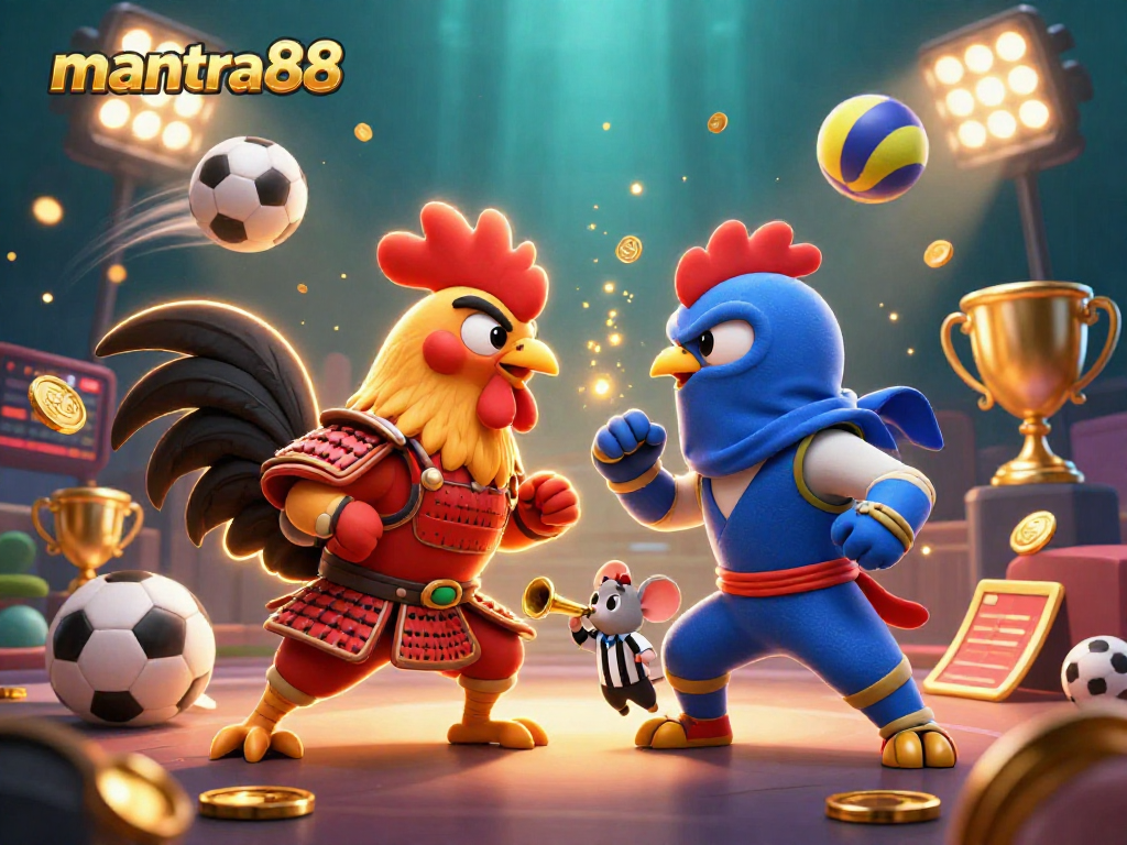 Engage in thrilling online gaming action with mantra88's stunning 3D rooster duel and interactive elements.