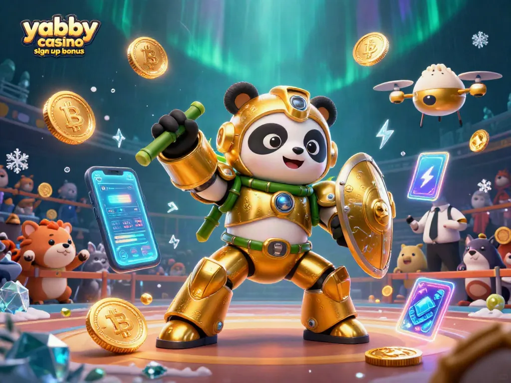 Experience the yabby casino sign up bonus with a thrilling illustration of a mech-suit panda battling in a vibrant arena.