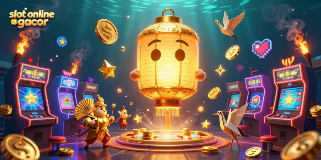 Experience thrilling slot online gacor action with giant lantern spirit and arcade games in this vibrant illustration.