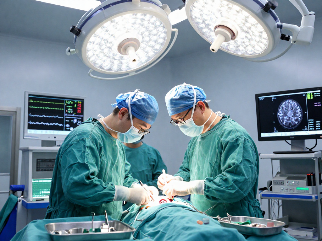 The detailed image depicts a beyin tümörü ameliyatı, showcasing a neurosurgeon in action, surrounded by a skilled team and advanced surgical equipment in a focused operating room.