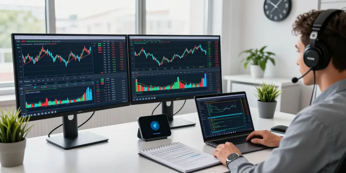 Finance analyst utilizing MetaTrader 5 trading tools in a modern workspace with live charts and analysis.