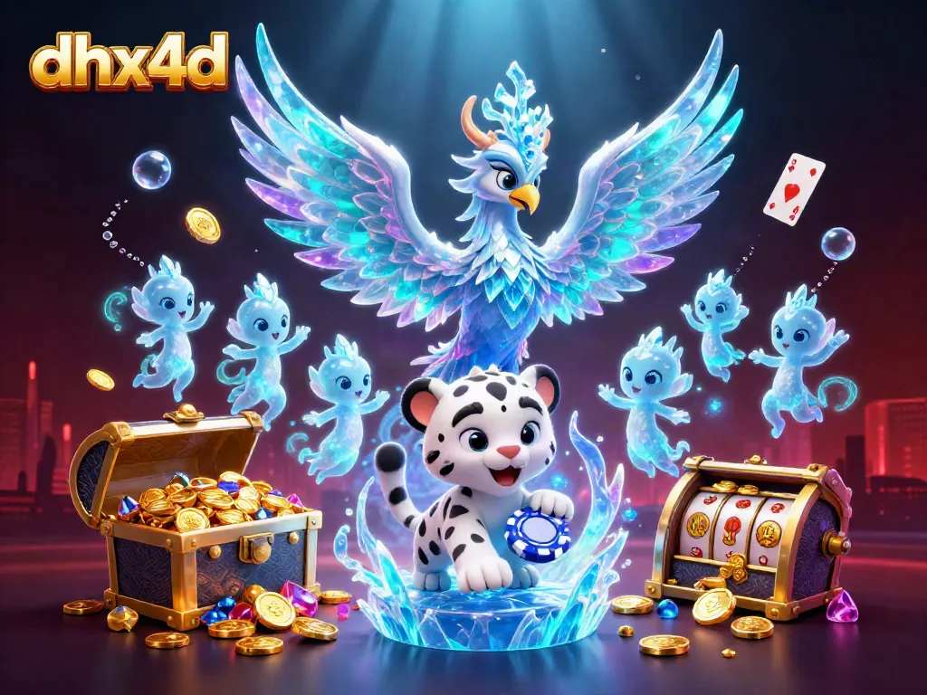 Pengalaman bermain di dhx4d dengan phoenix es dan penguin, simbol slot berkilau dan efek cahaya menawan.