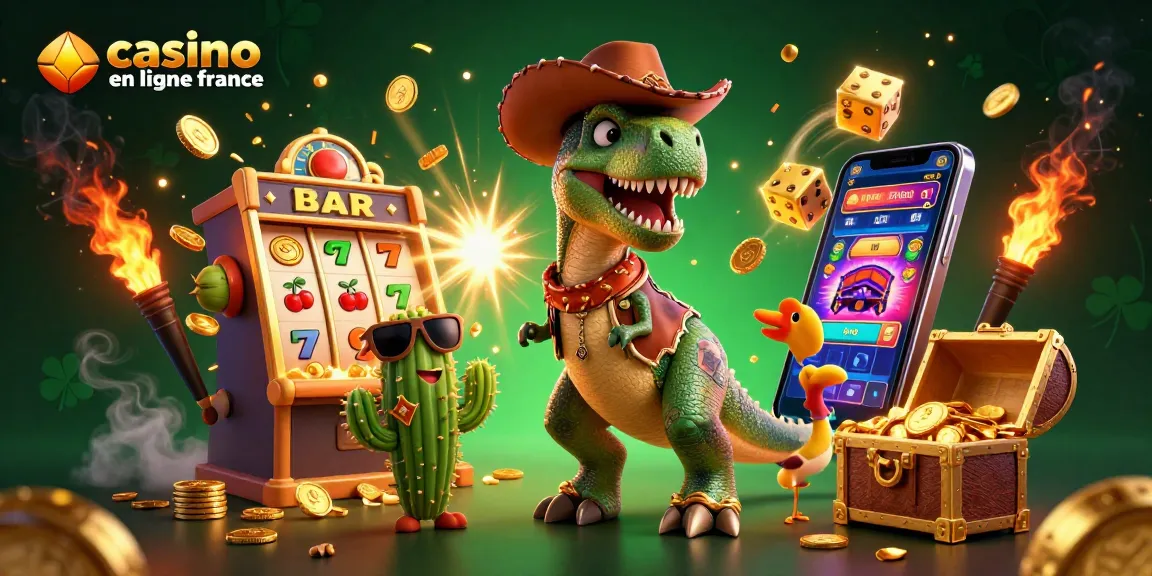 Découvrez une scène dynamique de casino en ligne France avec un dinosaure cowboy, un cactus et un oiseau.