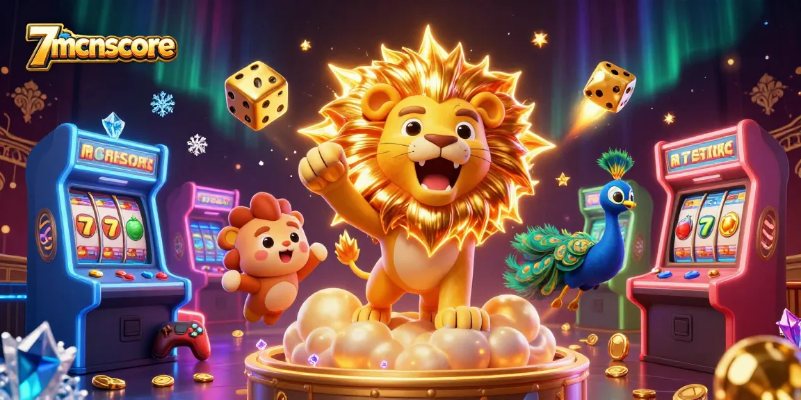 Experience thrilling casino adventures with the vibrant 7mcnscore-themed illustration showcasing a roaring sun lion and golden dice.