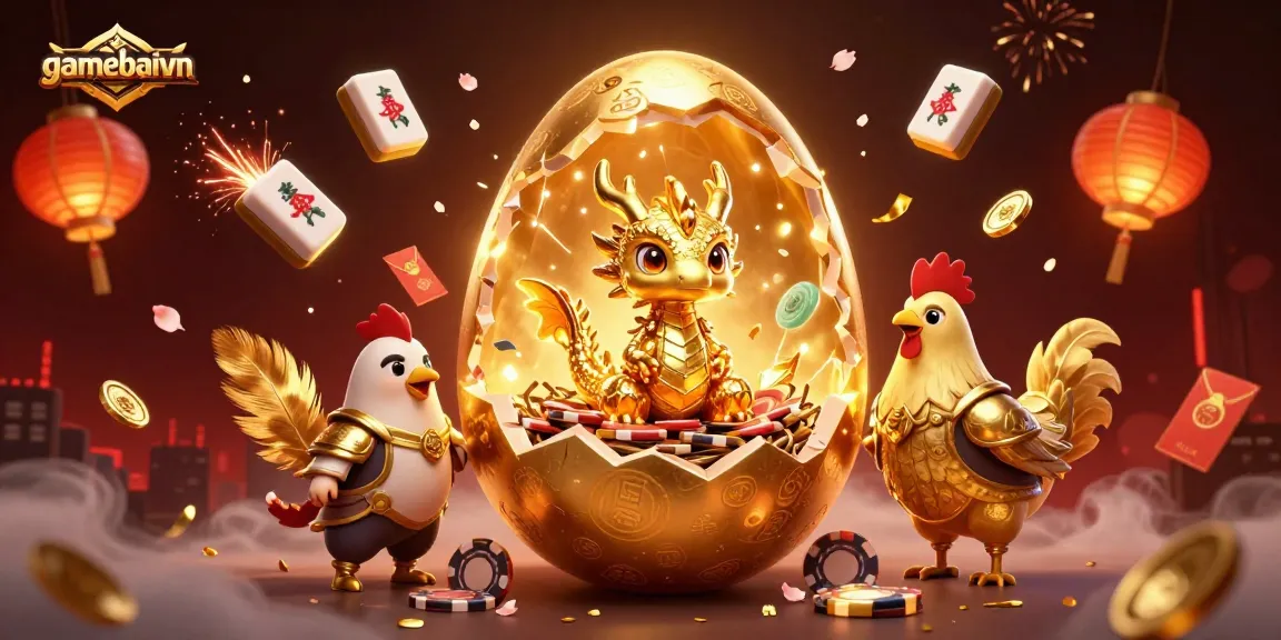 Engage with gamebaivn's vibrant 3D scene featuring a golden dragon amidst poker chips, celebrating casino luck.