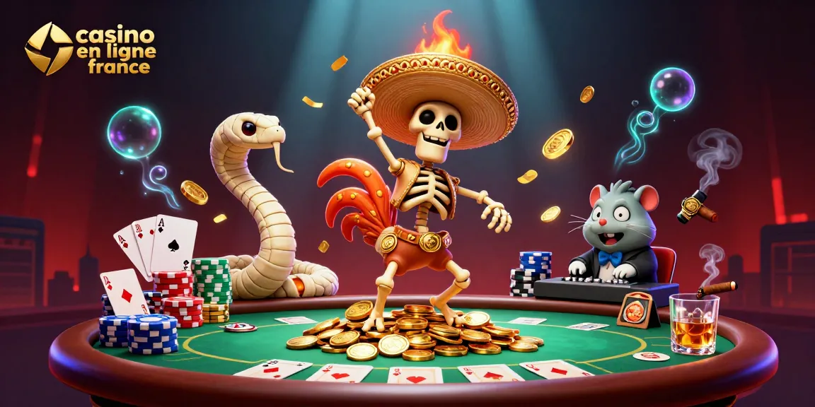 Illustration dynamique avec un coq en mariachi, symbole du casino en ligne France.