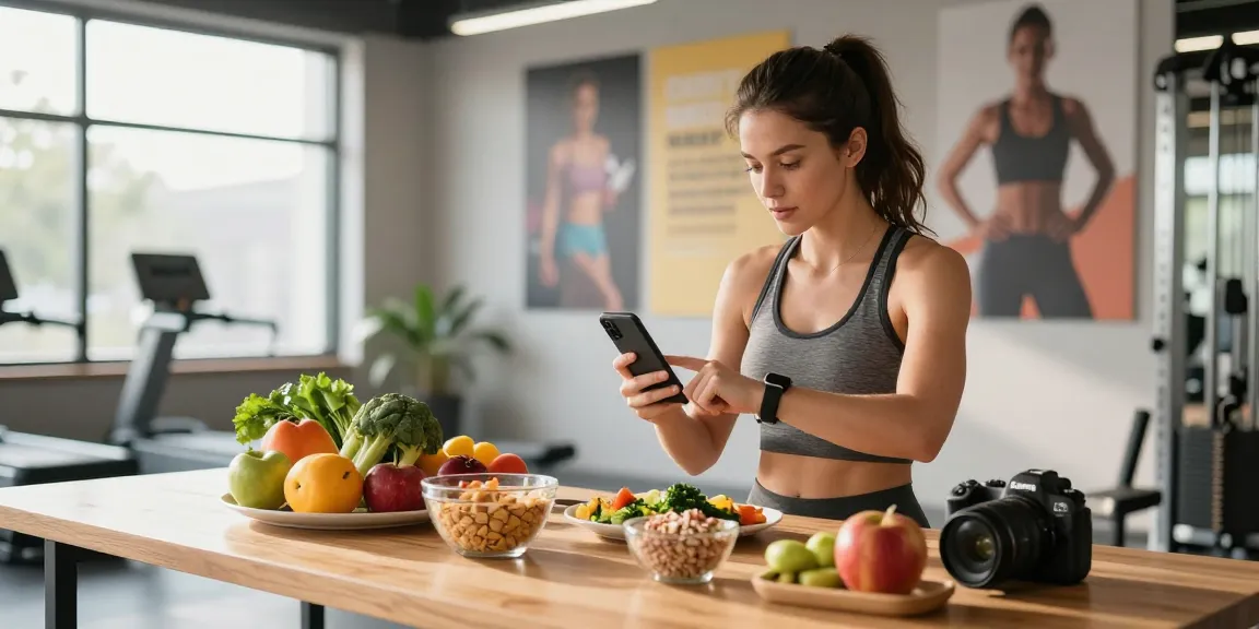 Youthful woman analyzing meal plan with best calorie tracker amidst healthy food in bright fitness studio.