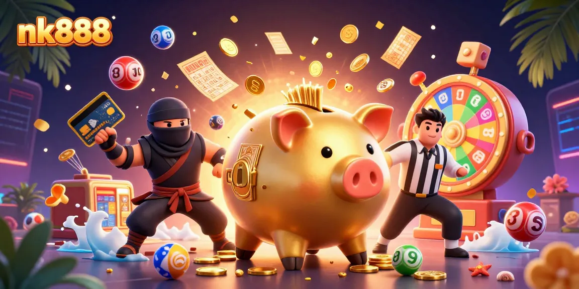 Experience the excitement at nk888 with a dramatic scene of a piggy bank sumo wrestler celebrating big wins through dynamic casino elements.