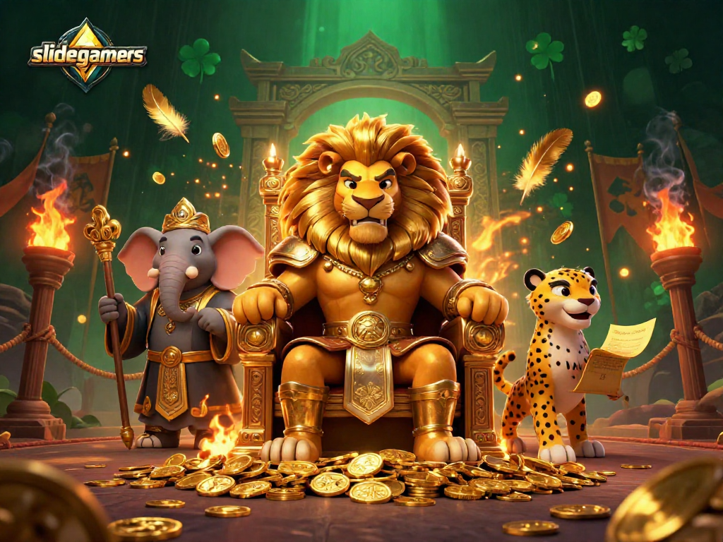 Engage in thrilling gameplay at slidegamers with a lion king and allies amid a casino scene.