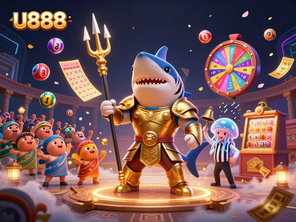 Experience thrilling gaming with u888 as a 3D shark gladiator challenges in a vibrant casino world.
