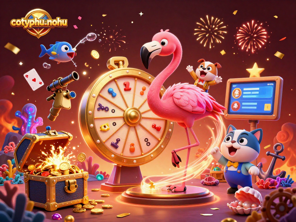 Cotyphu-nohu contestants spinning the prize wheel with exciting treasures in a vibrant cartoon casino setting.