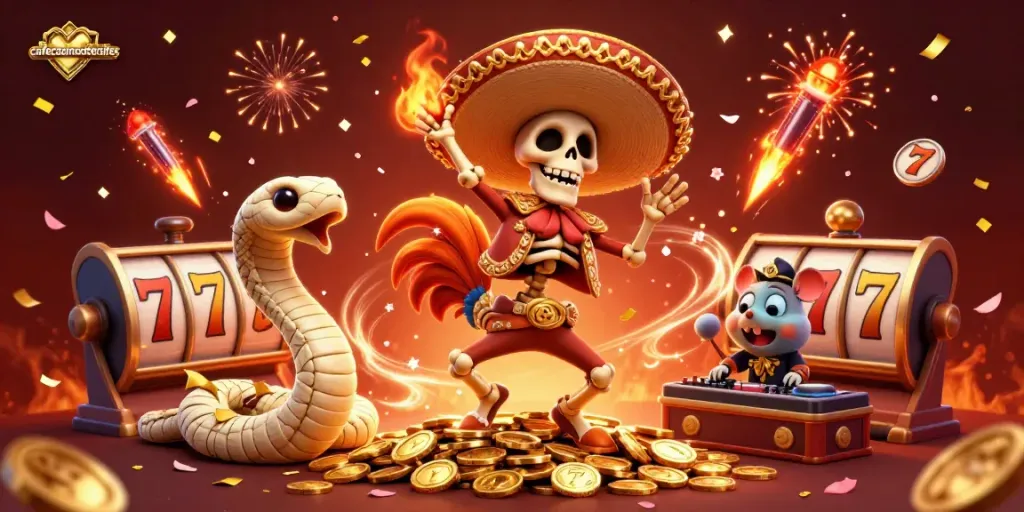 Join the celebration of cafecasinosistersites with a lively scene of characters dancing and gaming.