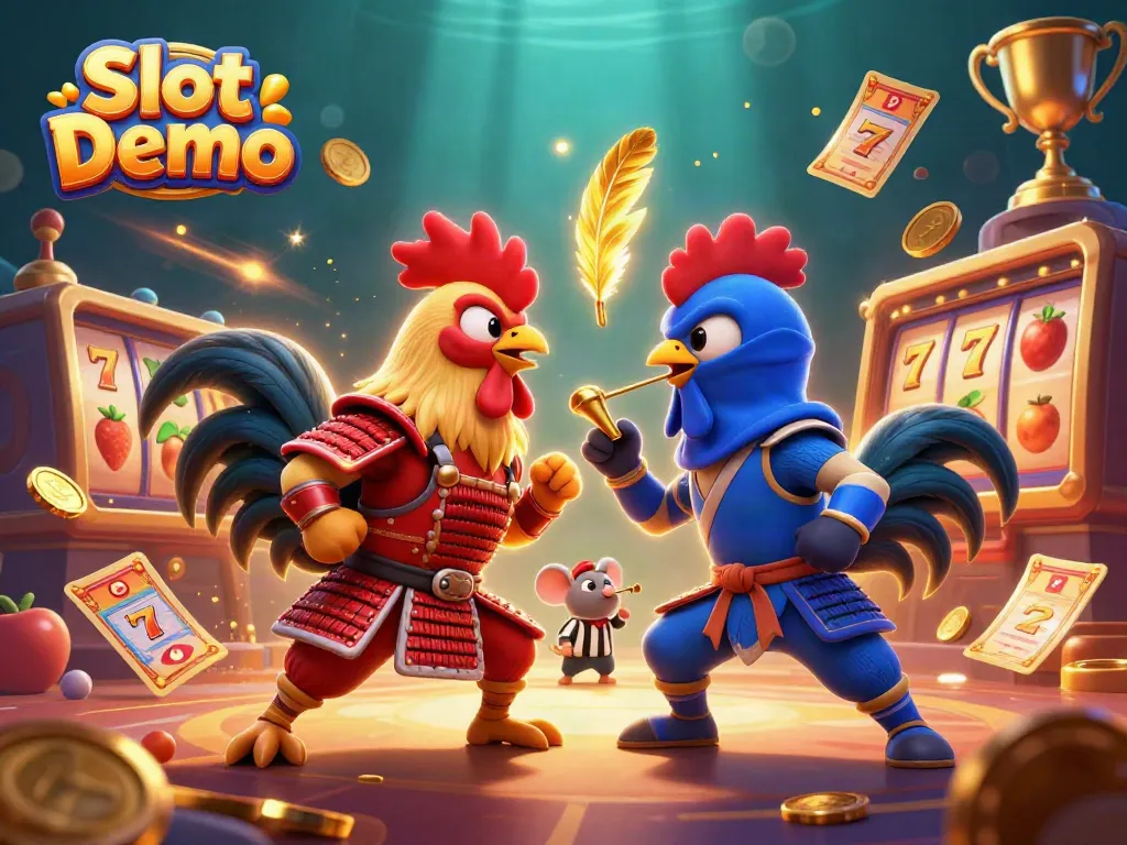 Experience the excitement of Slot Demo with dynamic roosters and slots spinning in action.