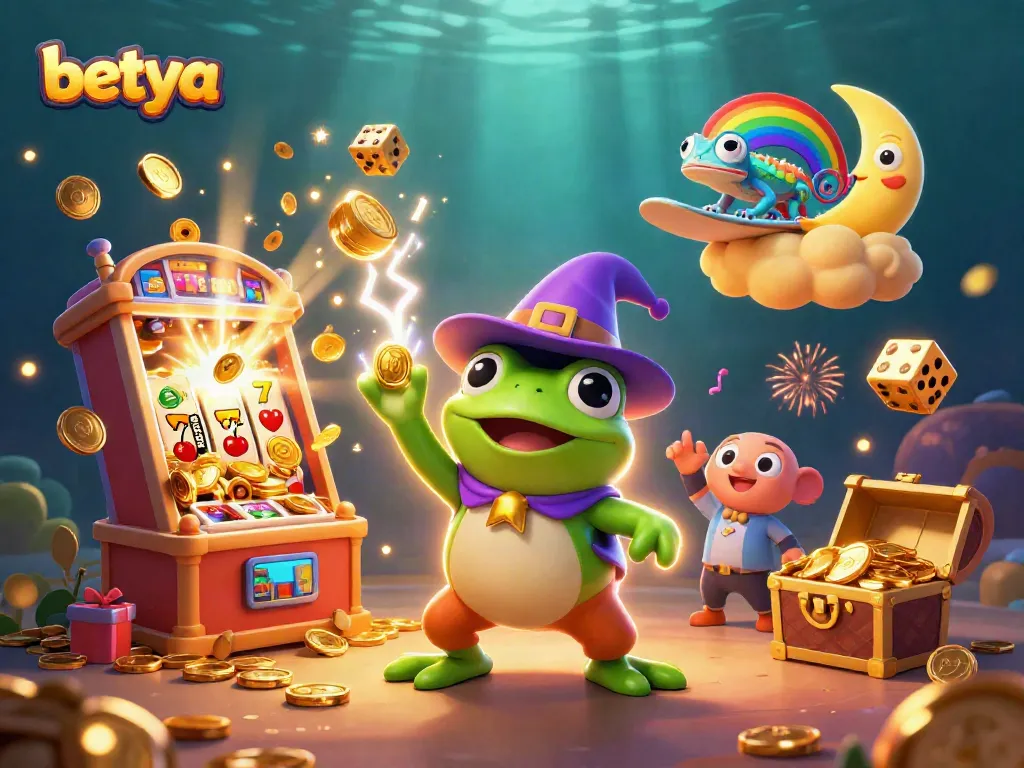 Experience the thrilling world of Betya with a vibrant casino-themed 3D illustration featuring dynamic characters.