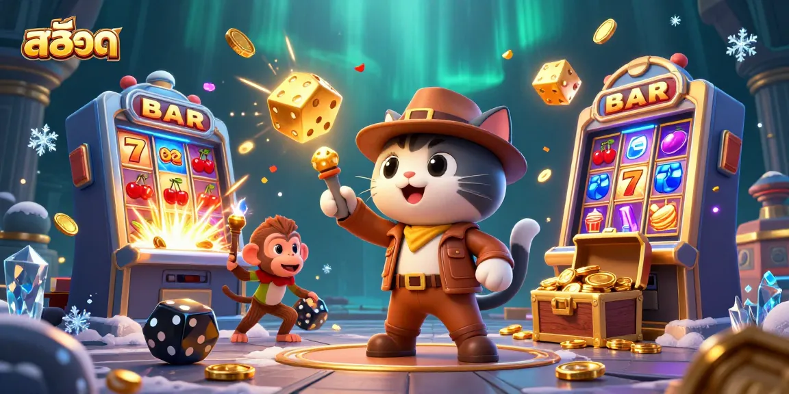 Engage with สล็อต jackpots at a vibrant scene with a thrilling 3D explorer cat discovering casino treasures.