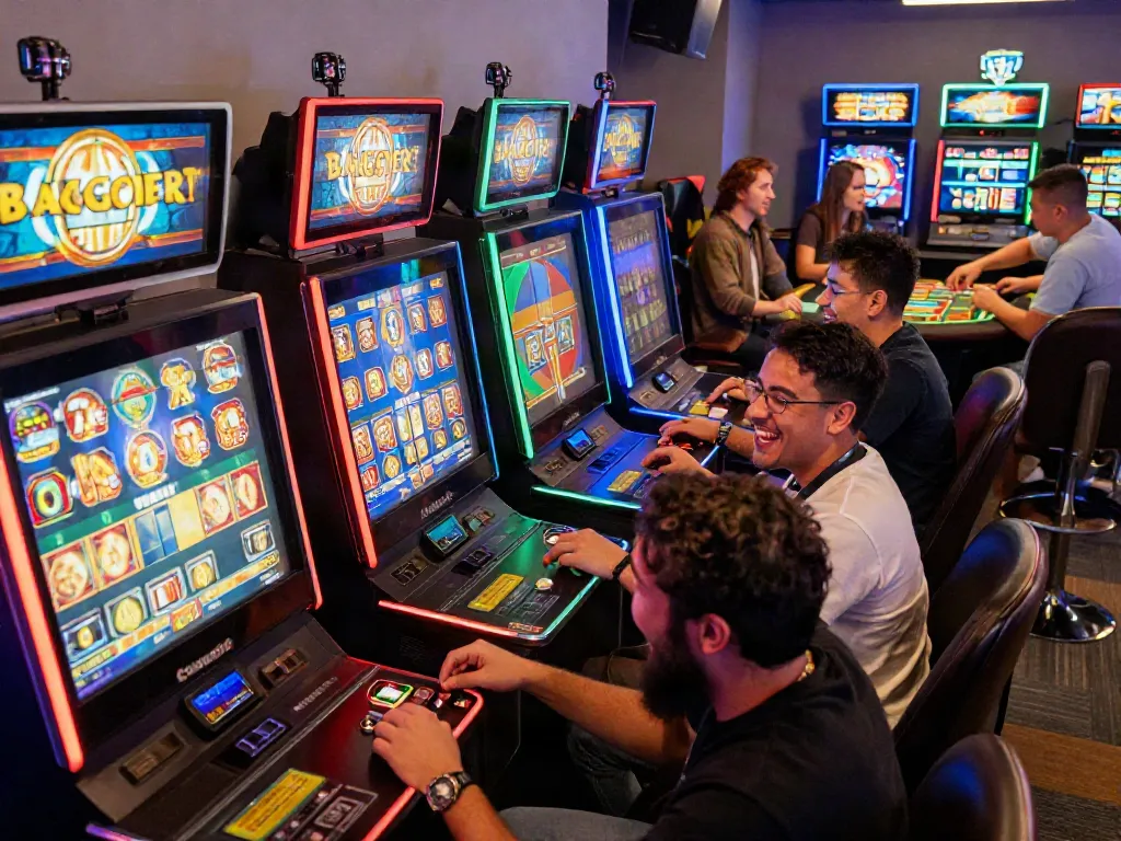 Players enjoying slot gacor machines in a vibrant gaming lounge setting