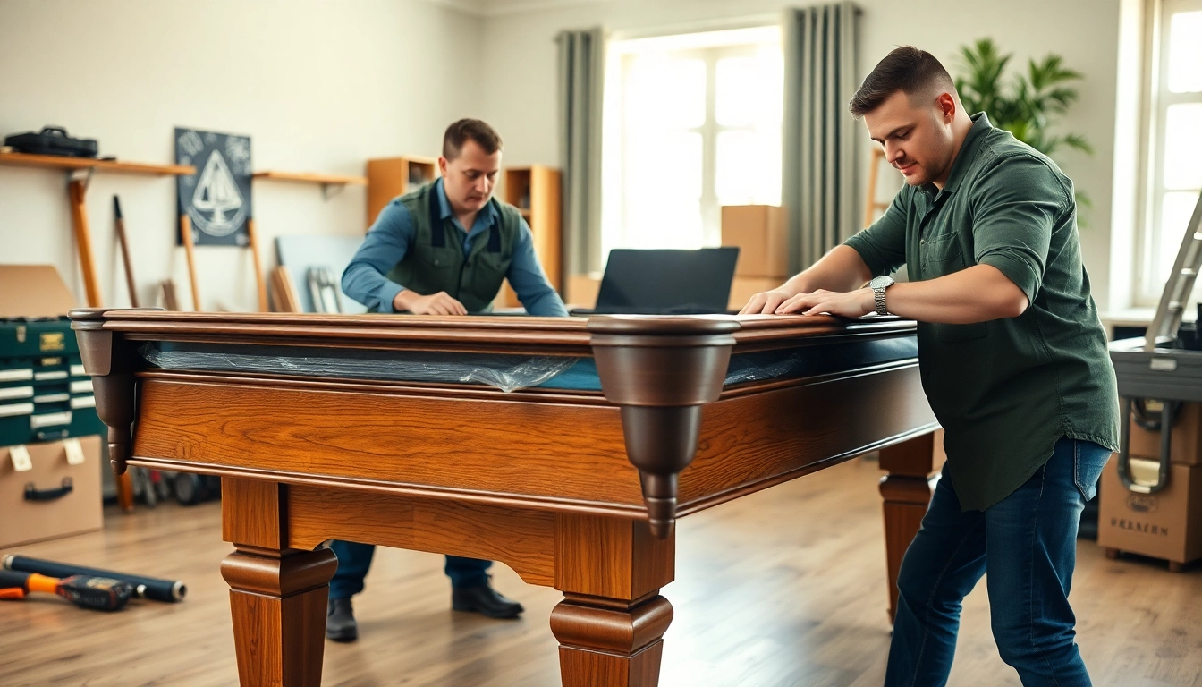 Efficient game table movers services in action, showcasing professionals handling a billiard table.