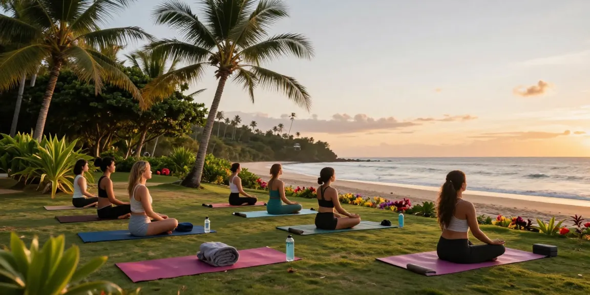 Wellness retreat participants engaged in yoga practice at a serene tropical beach during sunset.