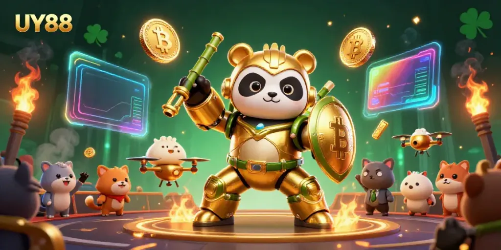 Experience the thrill of UY88 in a colorful mech-suit showdown with panda and vibrant gaming elements!