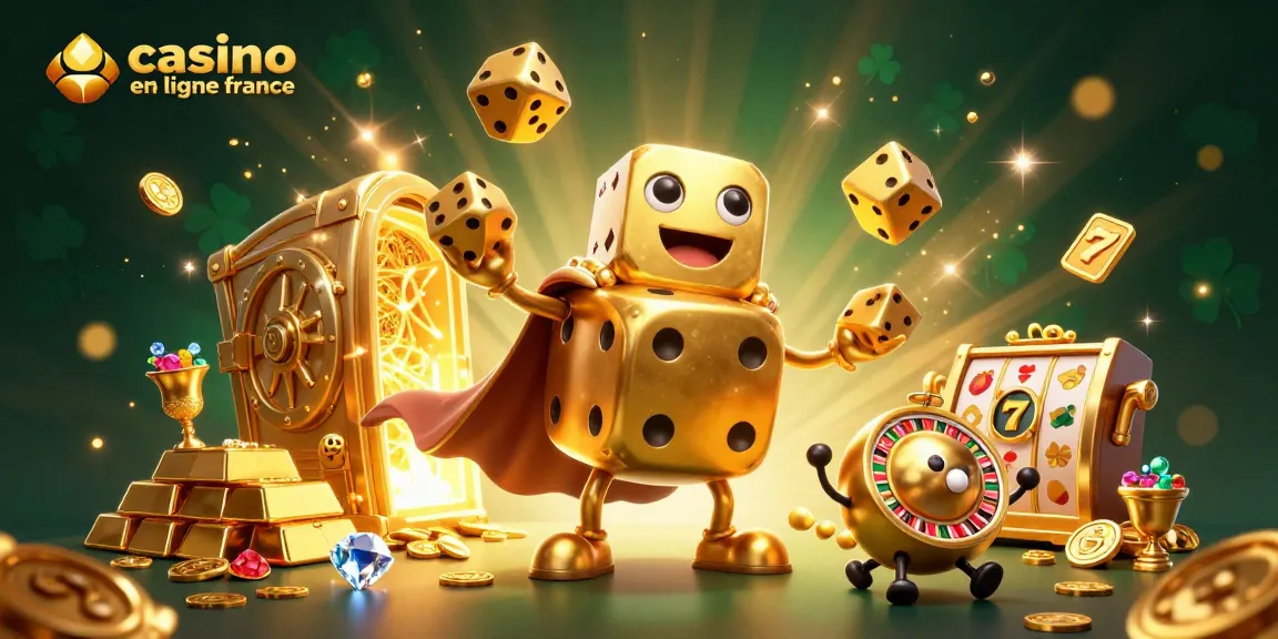 Casino en ligne France : Illustrez une scène dynamique de casino avec un golem de dés dorés.
