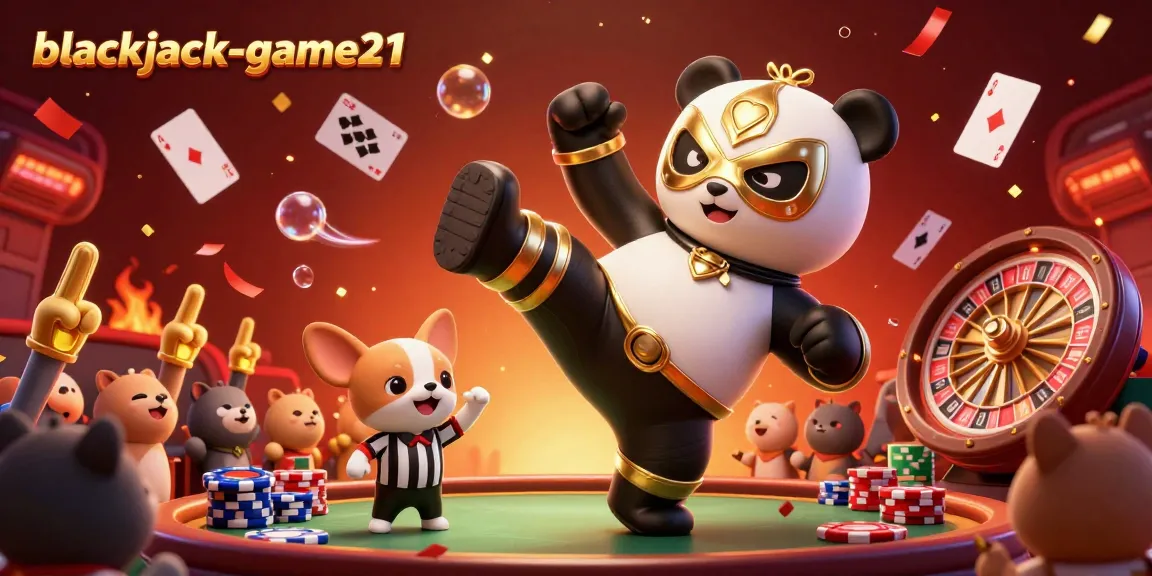 Engage in thrilling blackjack-game21 action with animated panda wrestling in a vibrant, colorful casino setting.
