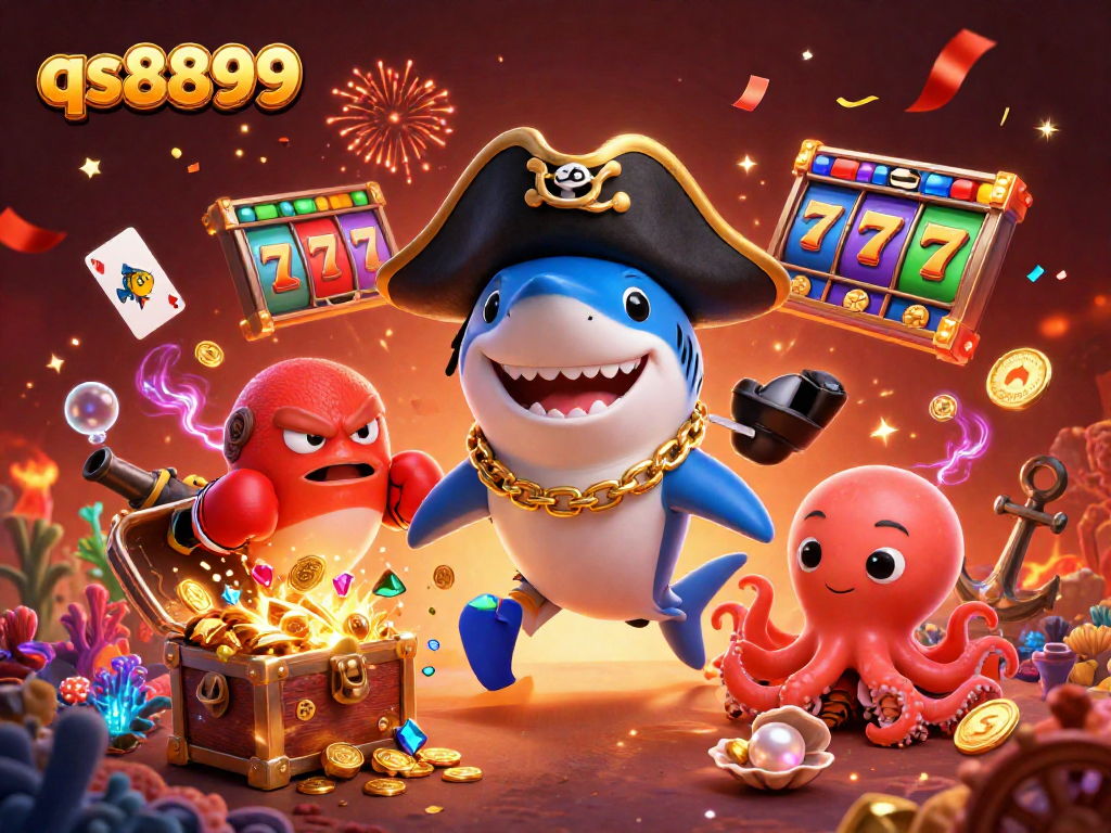 Engage in thrilling slots with qs8899 featuring a pirate shark, pufferfish, and octopus in a dynamic casino scene.