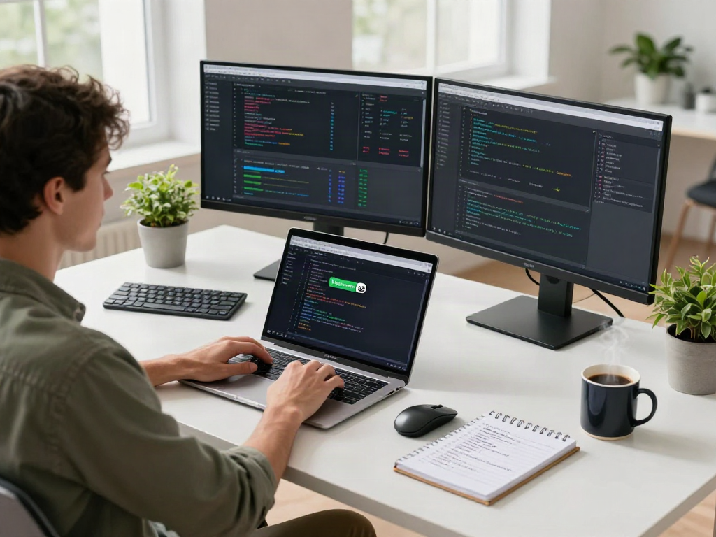 Developer coding on laptop showcasing gb whatsapp apk in a bright tech workspace, highlighting innovation and productivity.
