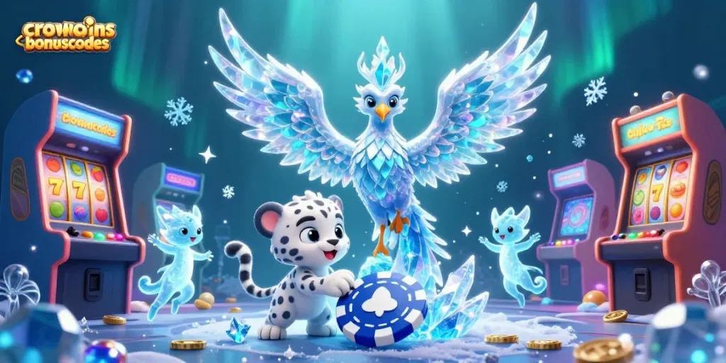Engage with crowncoinsbonuscodes in a vibrant casino-themed illustration featuring whimsical characters.