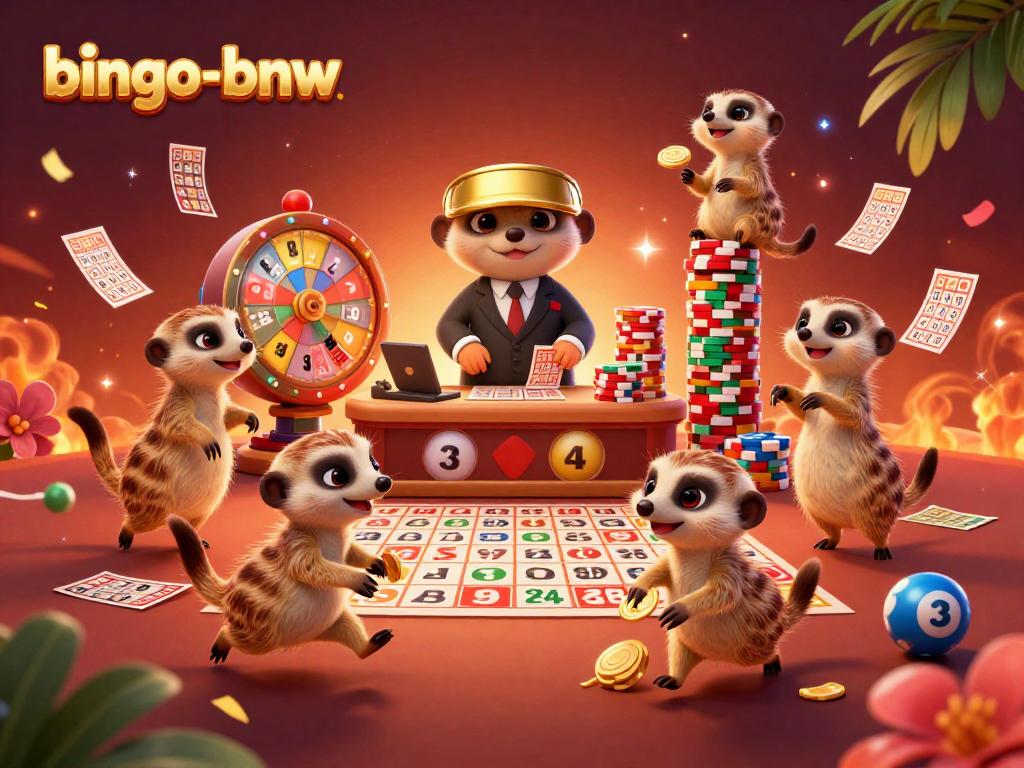 Engage in thrilling bingo-bnw gameplay with excited meerkats in a vibrant casino atmosphere.