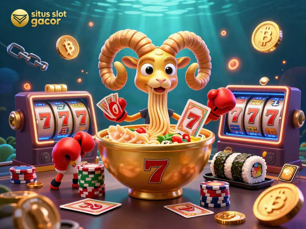 Engage with situs slot gacor featuring a vibrant scene of a golden ramen bowl dealer amidst slot reels and neon coins.