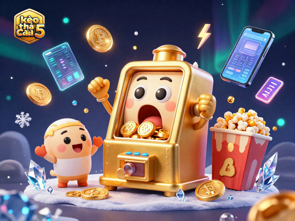 Spinning kèo nhà cái 5 slot machine hits jackpot, with cheering mini slots and crypto elements.