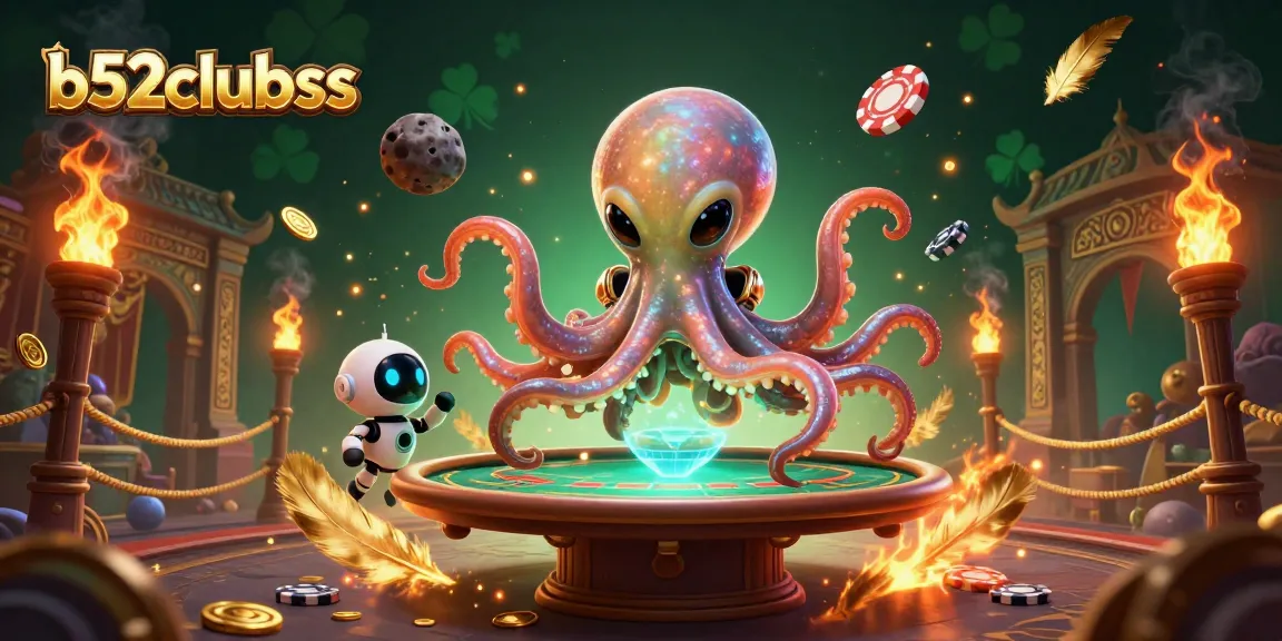Experience excitement at b52clubss with a vibrant illustration showcasing an alien octopus playing poker.