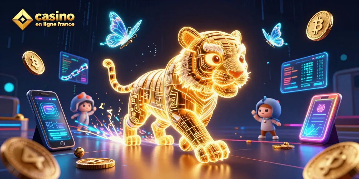 Explorez le monde de casino en ligne France avec des éléments holographiques captivants et un tigre en néon.