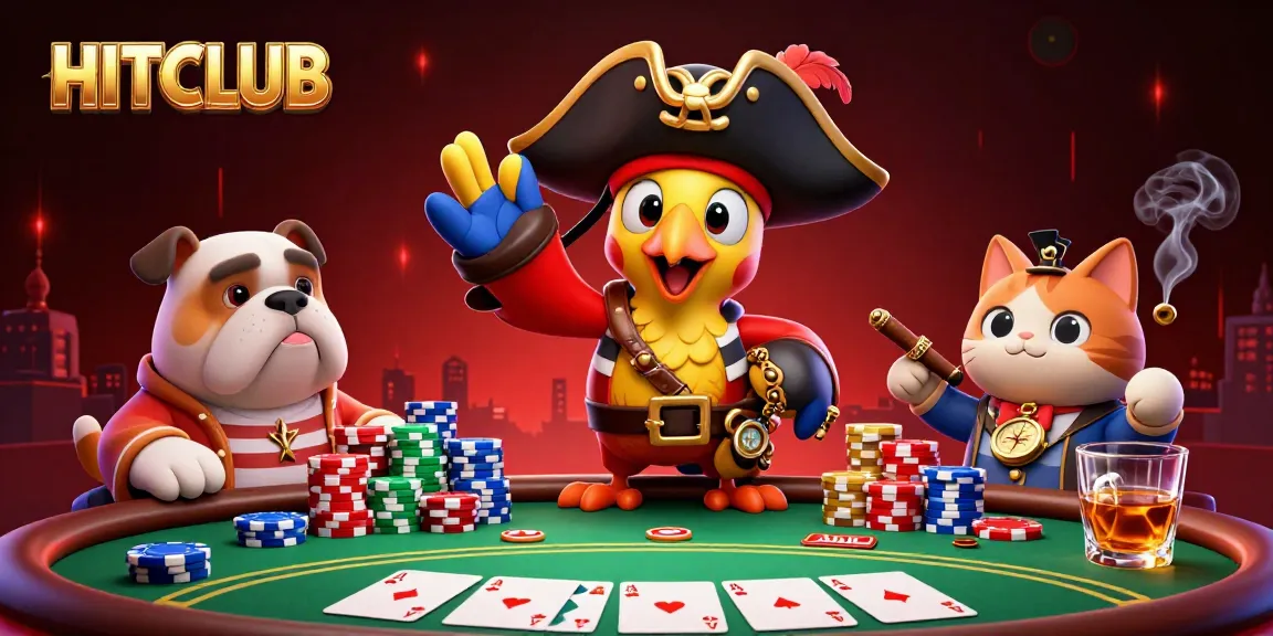 Engaging scene of HITCLUB with a pirate captain parrot and poker elements for a vibrant casino experience.