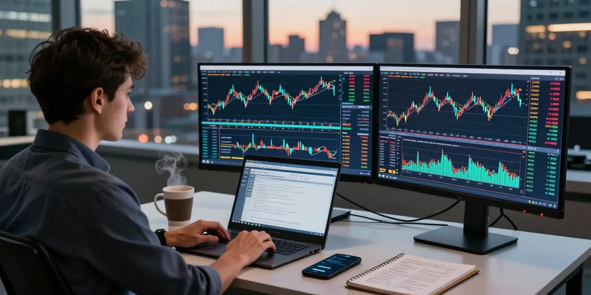 Trader analyzing forex market trends on mt4 software in a modern workspace.