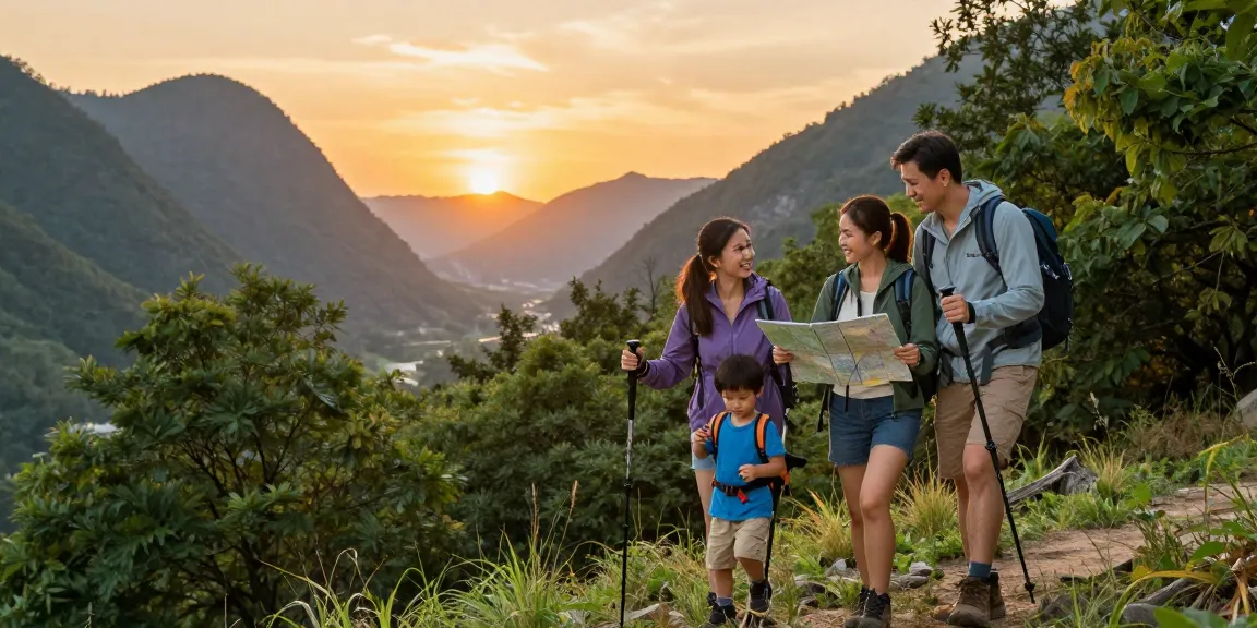 A family enjoying an adventurous hike in the mountains, embodying the mantra88 spirit of exploration and outdoor bonding.