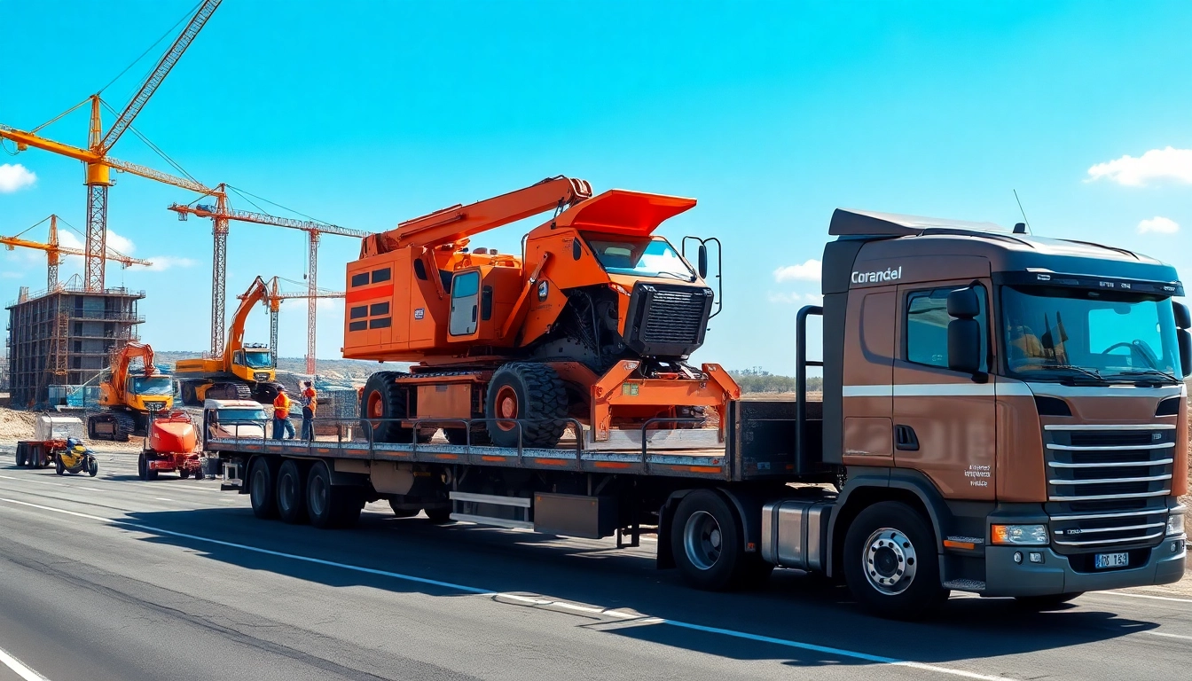 Showcasing equipment transportation with a flatbed truck carrying heavy machinery.