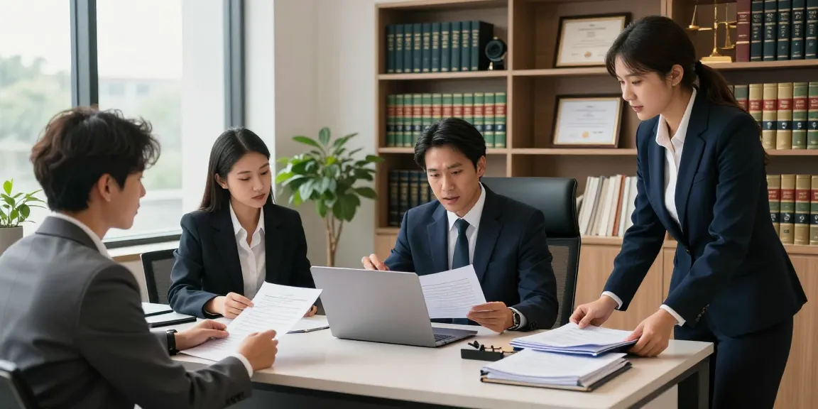 Legal team in a modern law office discussing cases, representing criminal and civil matters, showcasing professional commitment and support.