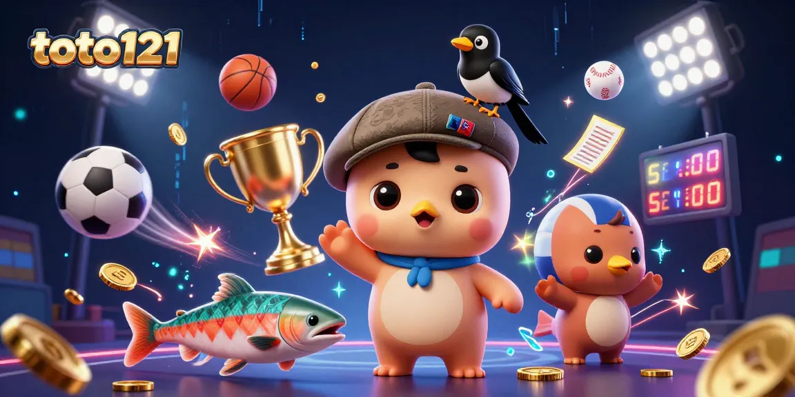 Betting on excitement with toto121, featuring a playful Nessie and dynamic sports elements.