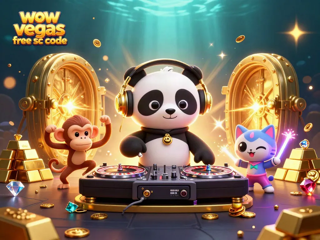 Win big with WOW Vegas free SC code in this vibrant casino-themed illustration!