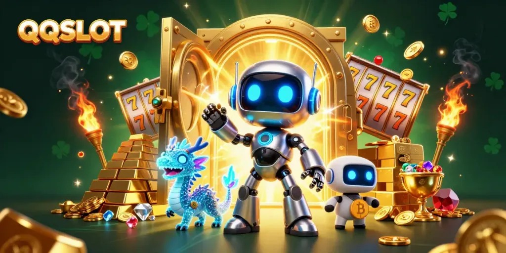 Engage with exciting QQSLOT gameplay featuring a vibrant cyberpunk mascot and treasures.