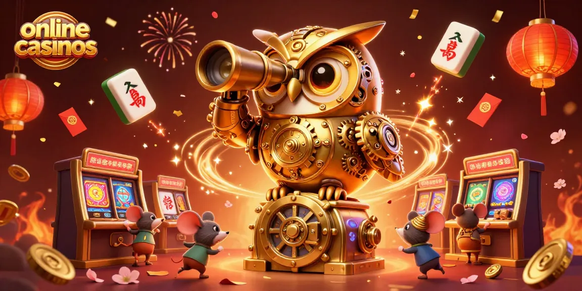 Experience excitement at online casinos with a vibrant illustration of a golden owl and lively characters.