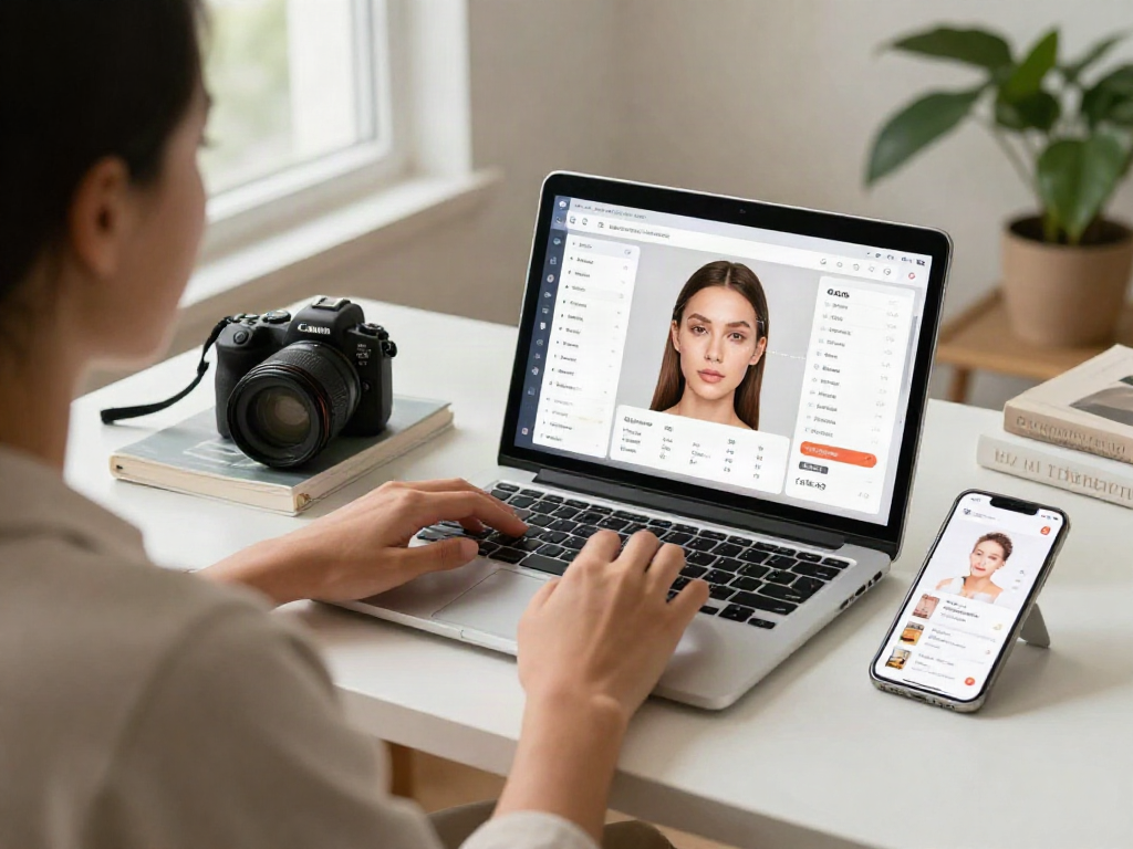 ClinicEvo cheaper than QOVES with a user analyzing facial aesthetics on a digital platform in a bright home environment.