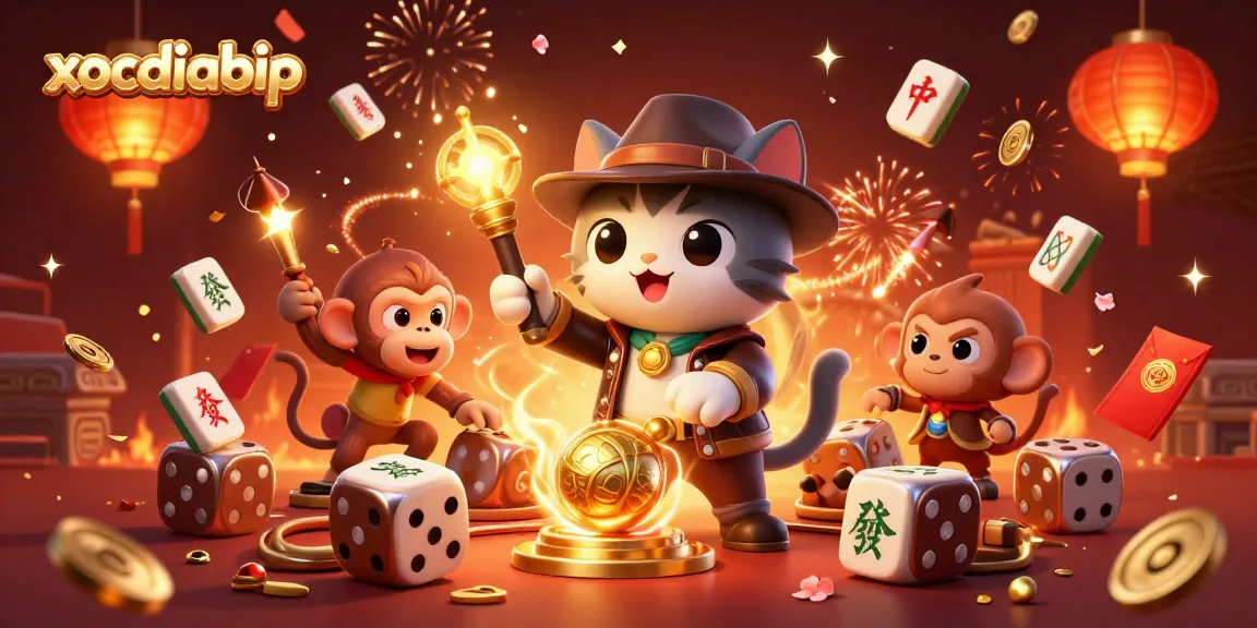 Xocdiabip unfolds thrilling casino action with a cat archeologist and monkey companion amidst vibrant celebration.