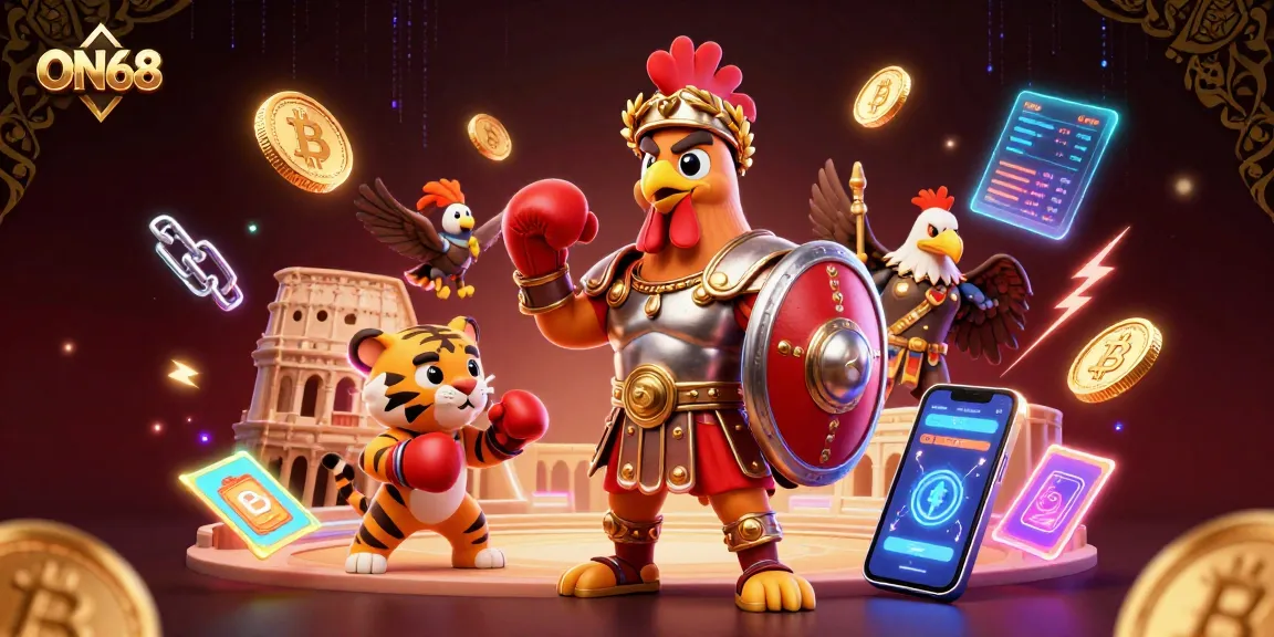 Experience ON68 by strategizing with a 3D rooster gladiator in a dynamic gambling arena.