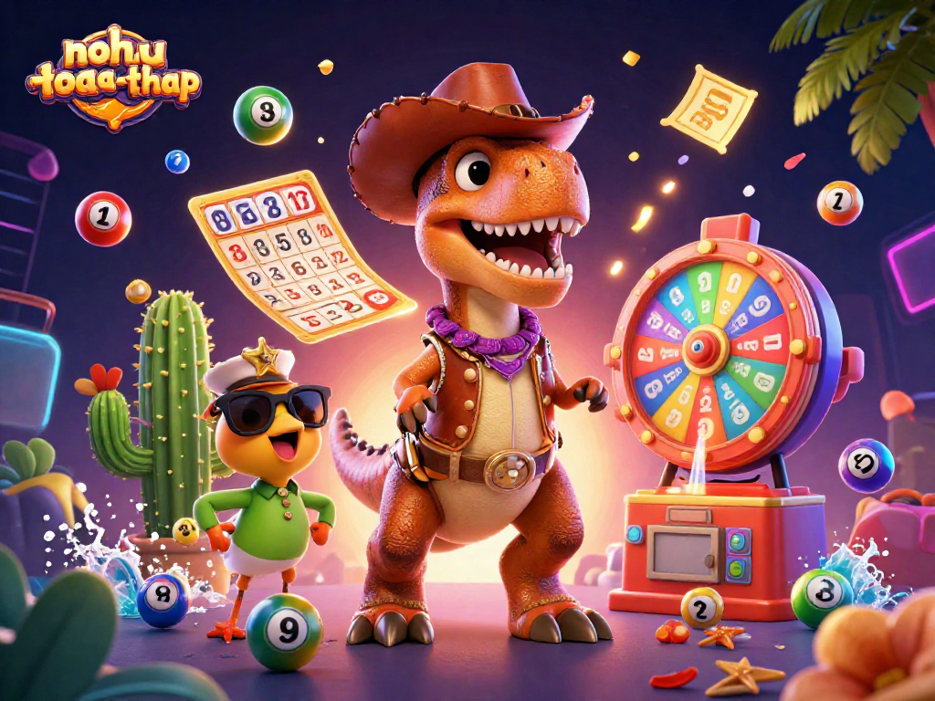 Engage in thrilling gameplay with nohu-toa-thap featuring dynamic colorful elements and a cowboy dinosaur.